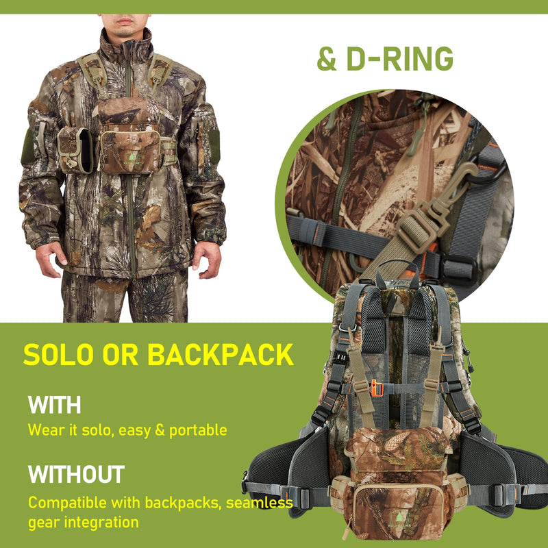 Binocular Harness Chest Pack with Rangefinder Pouch, Compatible with Most Hunting Backpacks, Bino Harness with Rain Cover for Bird Watching, Hunting, Hiking Compatible Version