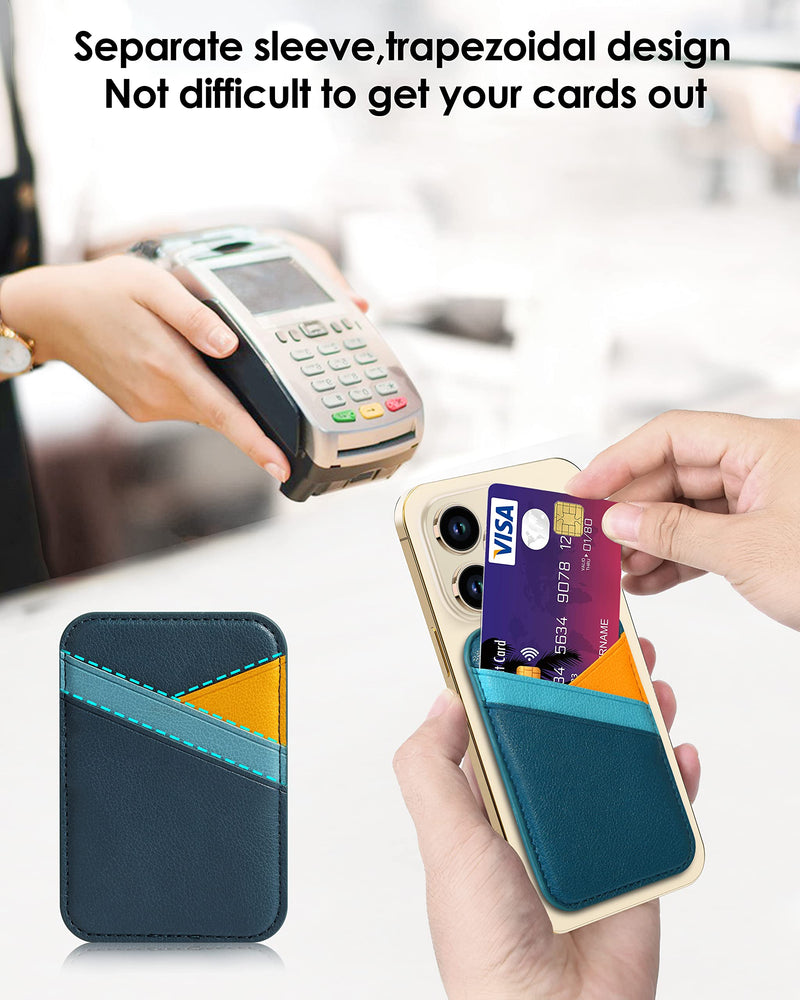 Miroddi for Magsafe Wallet, Magnetic Wallet Card Holder for iPhone 15/14/13/12 Series, Slim RFID Phone Wallet for Apple, Magnetic Phone Wallet up to 3 Cards for Back of Phone, Not for 13/12 Mini Blue+Orange PU Leather