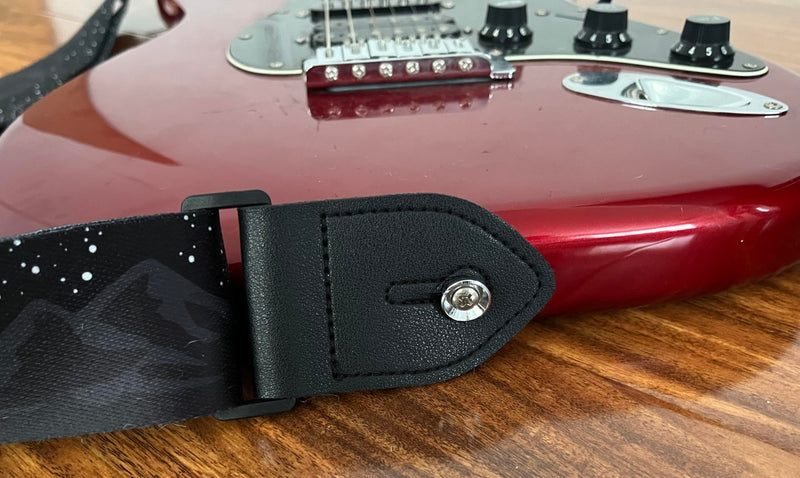 [AUSTRALIA] - Generic Midnight Mountain Star Guitar Strap, Polyester Webbing strap with Genuine Leather Ends., Black 