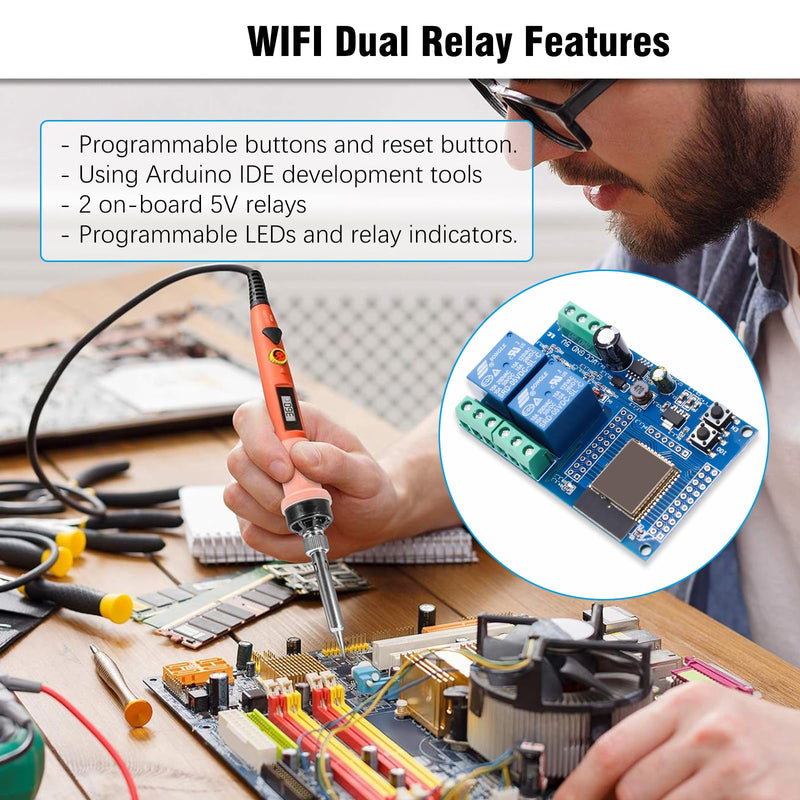 Binghe ESP Relay 2-Channel Module, ESP-32 Relay Development Board with 4 MB Flash Dual WiFi DC5-60V Power Supply for Secondary Development Learning (LC-Relay-ESP32-2R-D5)