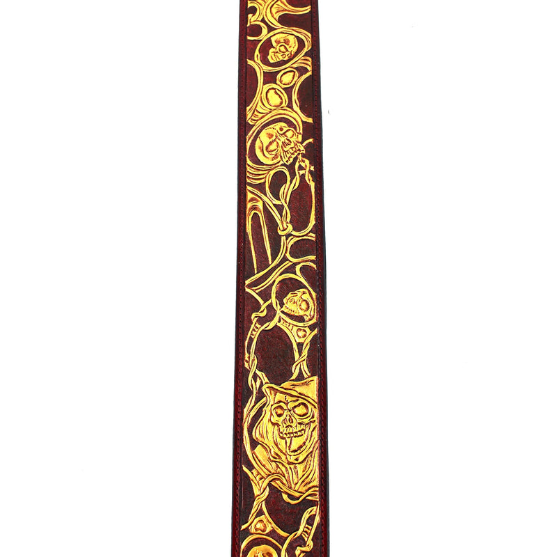 Walker And Williams LHR-45 Handmade Blood Red Premium Carving Leather Guitar Strap With Bright Gold Barbed Skull Carving And Padded Leather Back For Acoustic, Electric, And Bass Guitars