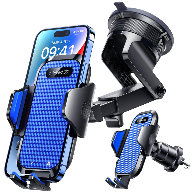 VANMASS [True Military-Grade Car Phone Holder [2024 Best Suction & Clip] Cell Phone Mount for Dashboard Windshield Vent Truck Cradle Dash Stand for iPhone 15 Pro Max 14 13 12 Android, Blue