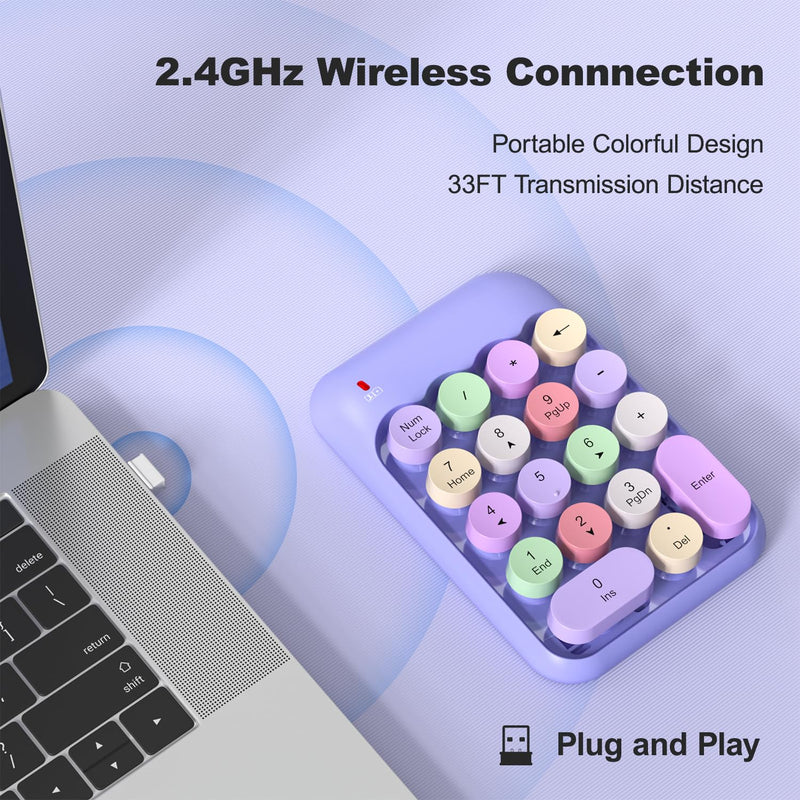 [AUSTRALIA] - Wireless Number Pads, Cute Colorful Numeric Keypad Numpad Portable 2.4 GHz Financial Accounting Number Keyboard Extensions, 18 Key Number Numpad for Laptop Desktop, PC (Purple) Purple 