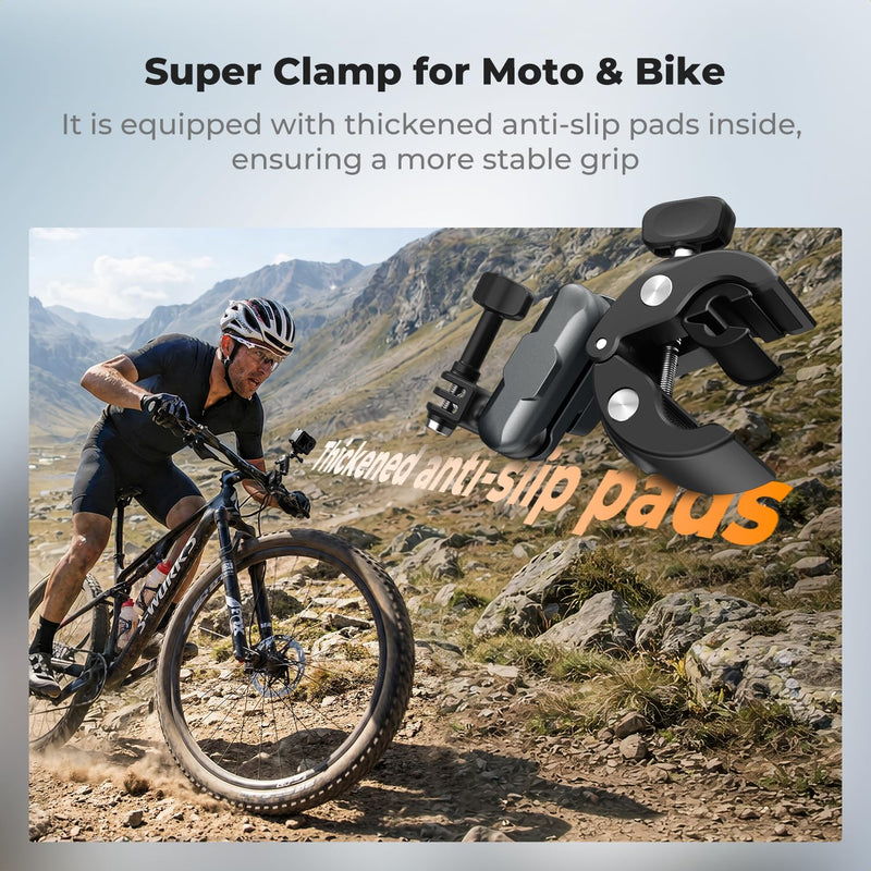K&F CONCEPT Super Clamp Camera Mount with 360° Dual Ball Head, Bike/Motorcycle Handlebar Mount Compatible with DJI Action 6/5/4/3, Hero 13/12/11/10, 360 X5 X4 Super Clamp with Phone Holder