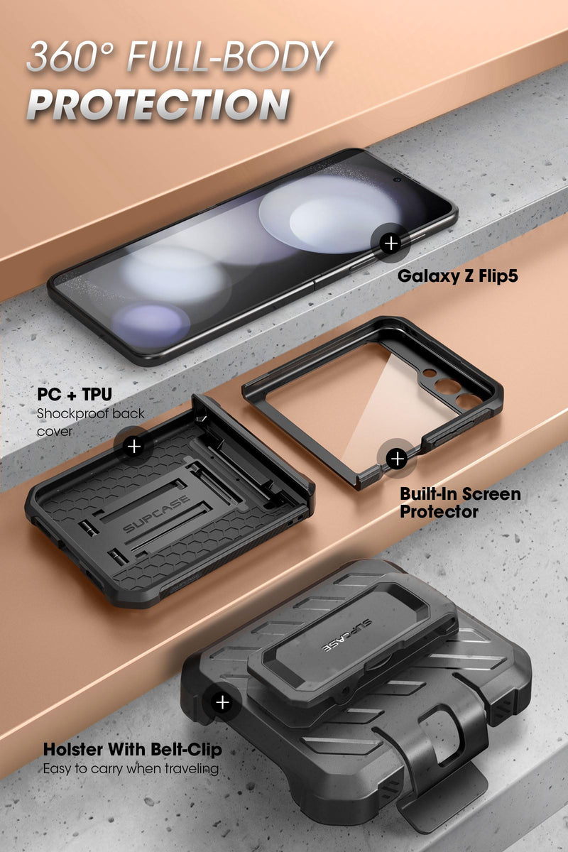 SUPCASE Unicorn Beetle Pro Series Case for Samsung Galaxy Z Flip 5 5G (2023), [Hinge Protection] Dual Layer Rugged Protective Case with Holster & Kickstand (Black) Black