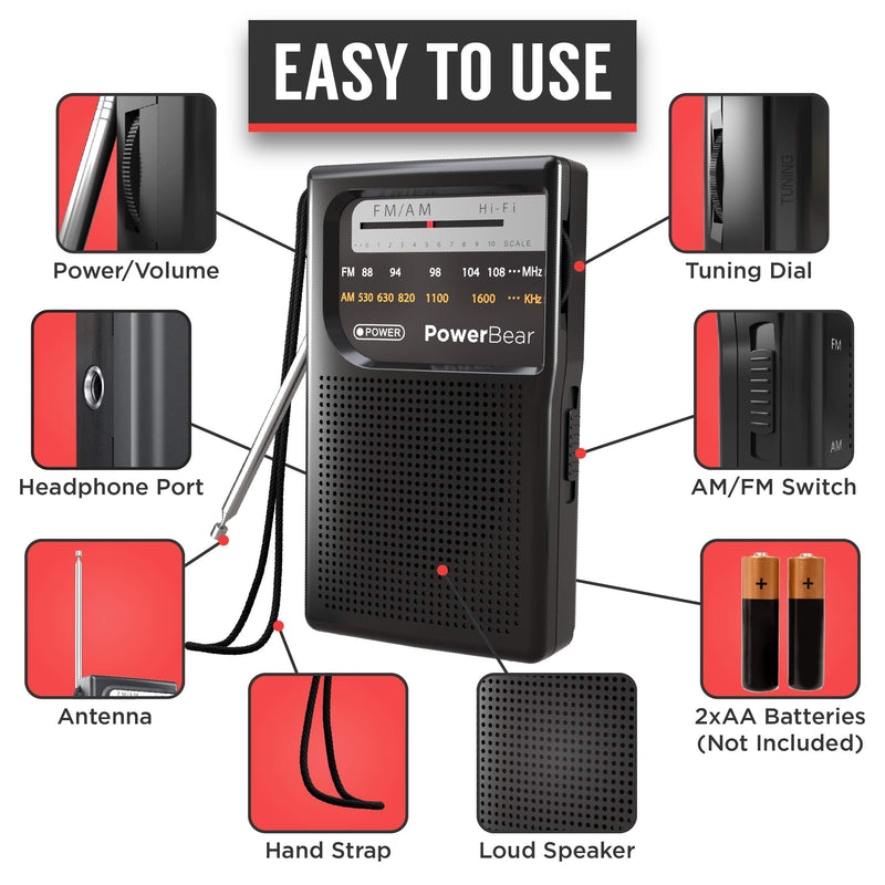 PowerBear Portable Radio | AM/FM, 2AA Battery Operated with Long Range Reception for Indoor, Outdoor & Emergency Use | Radio with Speaker & Headphone Jack (Black) Black
