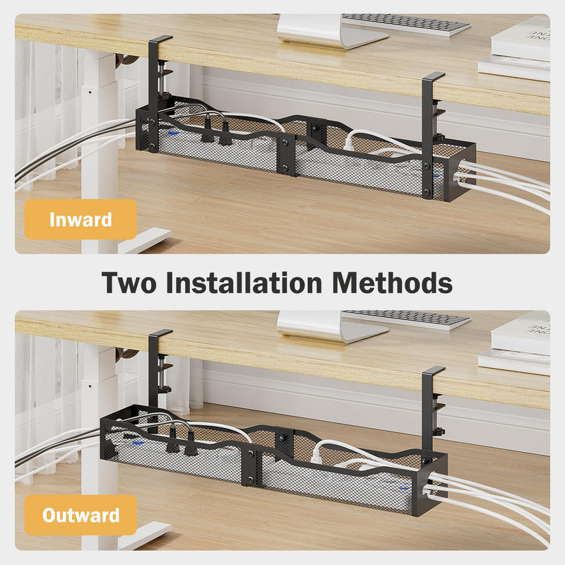 DELAMU 25'' Upgraded No Drilling Under Desk Cable Management Tray, Black | Under Desk Cable Management, Extra-Long, No Tools Required Installation, Height-adjustable, Home Office Gaming Accessories Glossy Black Extended