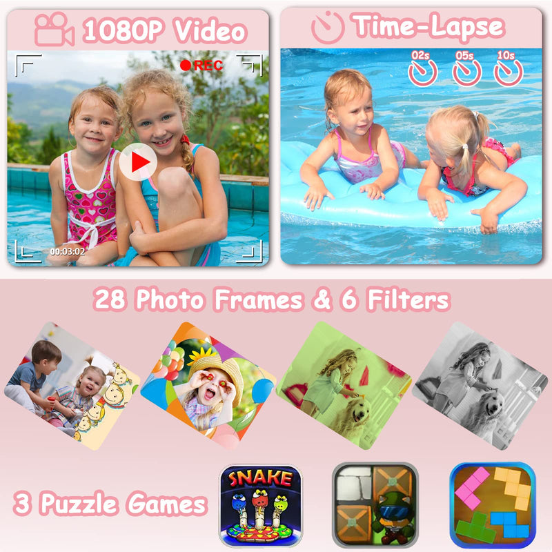 [AUSTRALIA] - Kids Waterproof Camera for Girls, Christmas Birthday 3-12 Year Old Boys Toddler Toys Gifts, Mini Underwater Children HD Digital Action Cameras, 2 Inch IPS Screen with 32GB Card (Pink) Pink 