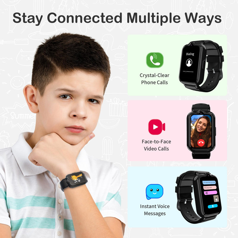 4G Kids Watch with GPS Tracker, HD Touch Screen Video & Voice Chat Calling | Smart Watch for Boys Pedometer SOS Alarm Calculator Camera Waterproof Boys Digital Watch Age 5-12 Black