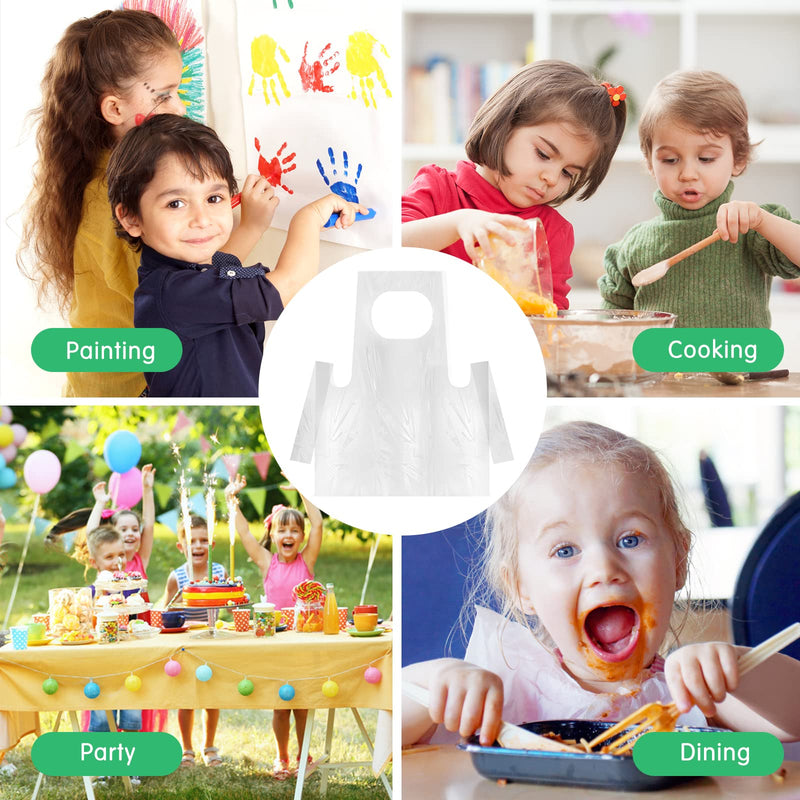 Bazen 100 Pieces Disposable Aprons for Kids Plastic Smocks Clear kids Apron for Toddler Waterproof Oil Proof Art Children Apron for Painting Cooking Eating Teaching Picnic DIY Craft