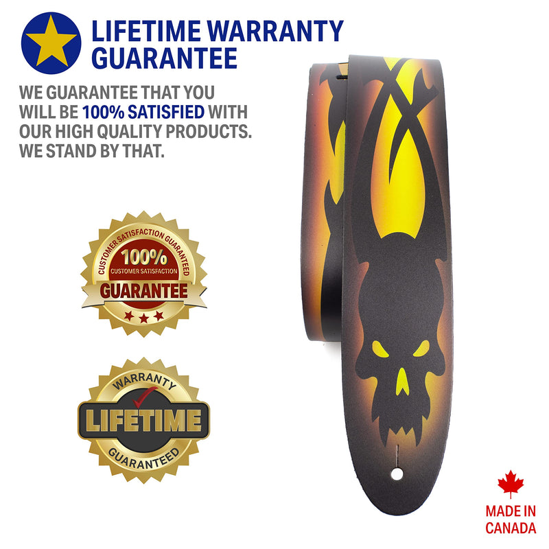 Perri's Leathers Ltd. Direct To Leather Guitar Straps: Bold Designs for Acoustic/Bass/Electric Guitars - Made in Canada Yellow Skull Barbed Wire