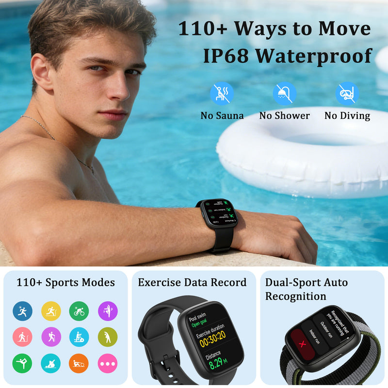Smart Watch for Women Men, 2026 Upgrade Smartwatch [2 Bands, 44mm case], 1.83" Fitness Tracker Watch Alexa Built-in, Make/Answer Call, HR Sleep Stress Monitor, IP68 Waterproof Step Counter Watch Black