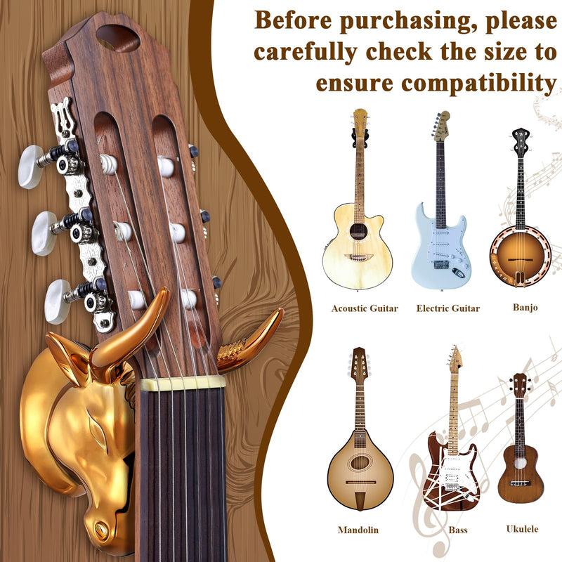 2 Pcs Bull Guitar Wall Mount Guitar Wall Hanger Bull Guitar Holder Guitar Wall Rack Gold Bull Art Ukulele Hook Stand for Acoustic Electric Bass Guitar Storage Player Gift
