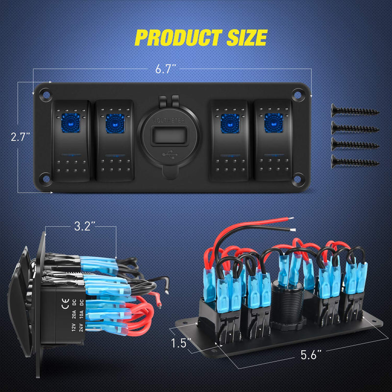 [AUSTRALIA] - Nilight 4 Gang Rocker Switch Panel with QC3.0 Dual USB Charger Voltmeter Waterproof and Night Glow Stickers 12V-24V DC for Cars Trucks Boats RV Blue 4+1 Gang Dual USB 