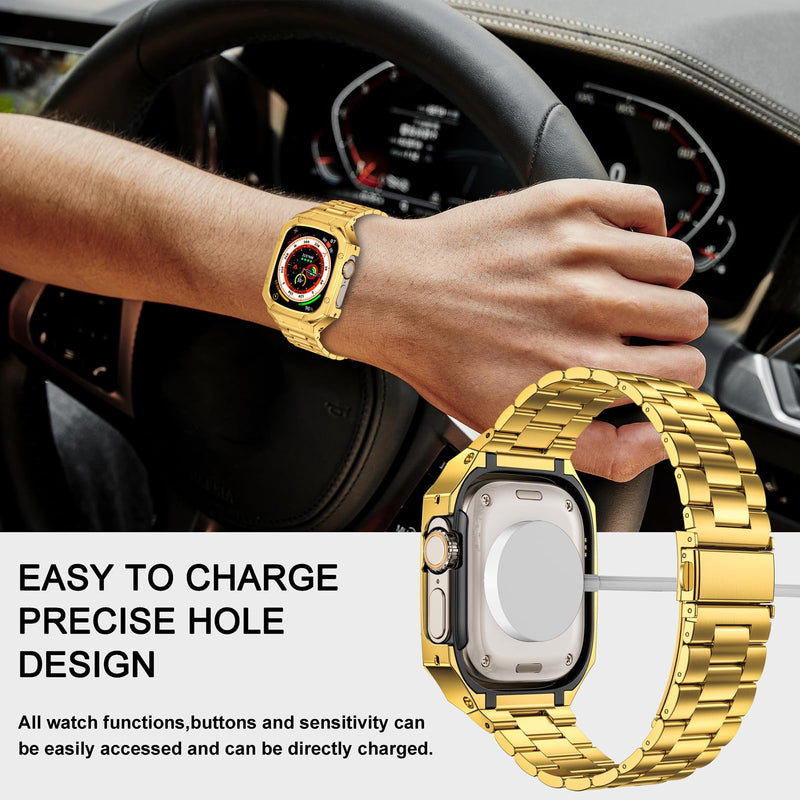 Stainless Steel Watch Band with Case Compatible with Apple Watch Ultra 49mm | BAITEYOU Rugged Metal Strap with Cover for iWatch, Ultra 3/2/1 49mm, Luxury Protective Bracelet for Men. Gold 49mm (Ultra 3 2 1）