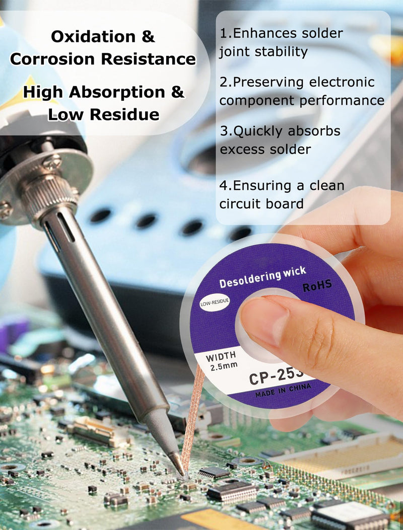 Set of 6 Desoldering Braids - 3 m Copper Desoldering Wire (1.0/1.5/2.0/2.5/3.0/3.5 mm) | Ideal for Desoldering and Removing Solder at Soldering Points | High Thermal Conductivity Solder Braid