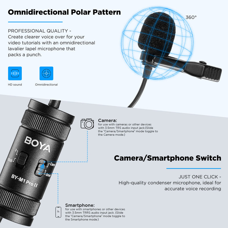 [AUSTRALIA] - BOYA Lavalier Lapel Microphone - No Battery, by-M1 Pro ll Omnidirectional Condenser Mic for iPhone Camera Android PC Windows - for YouTube, Interview, Video Recording 19.6ft 