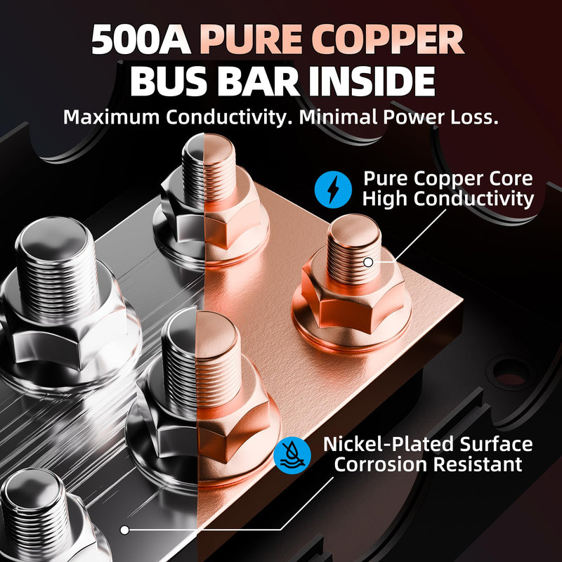 DAIERTEK Copper Bus Bar 12V 500A Heavy Duty Power Distribution Block Waterproof Battery Terminal with Cover, Ground Bus Bar Positive & Negative with M8 & M10 Studs for Automotive Marine RV Solar