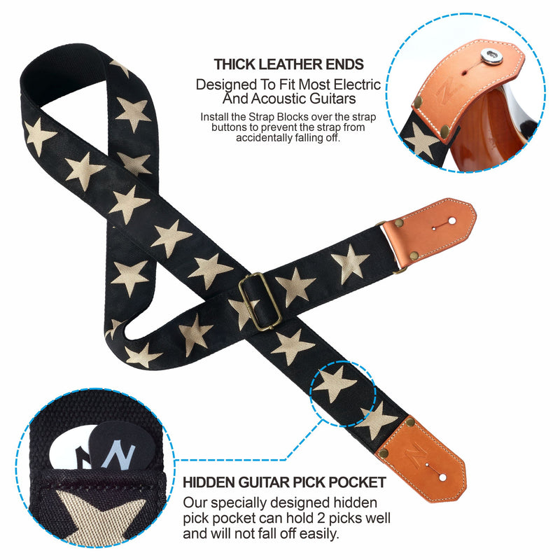 Nefelibata Cool Woven Guitar Strap -Cotton Guitar Straps with Thicked First Layer Vegetable Tanned Cowhide Leather Ends for Acoustic, Bass, Electric, Best Gift for Your Love Guitarists(Star) Star