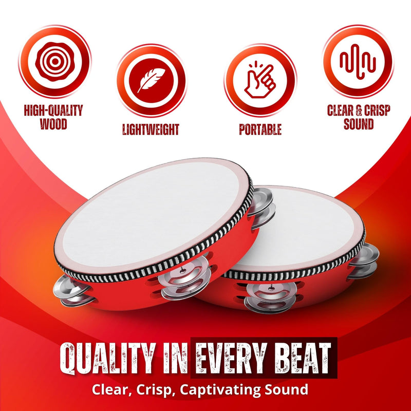Flexzion Wood Handheld Tambourine Adults 6-Inch Double Row 8-Pair Jingles (Red) - Percussion Round Tamborines Musical Instrument with Metal Zills 6 Inch Double Row - Red