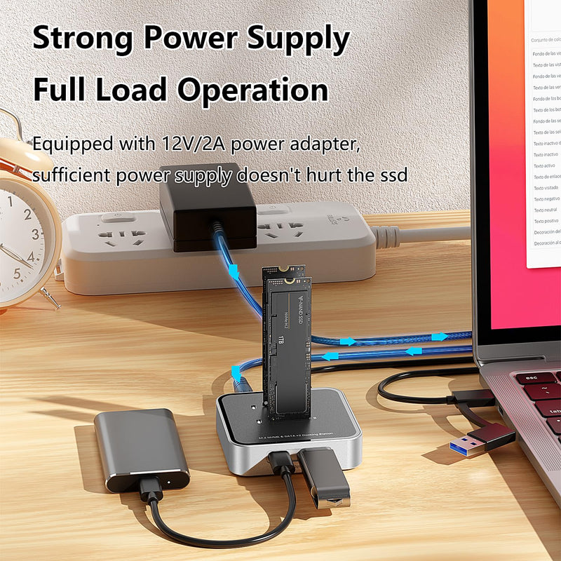 Dual Bay M.2 NVME SATA SSD Enclosure, USB 3.2 10Gbps HUB PCIE NVMe Docking Station, Up to 16TB, Plug and Play, with M.2 SSD Storage Case