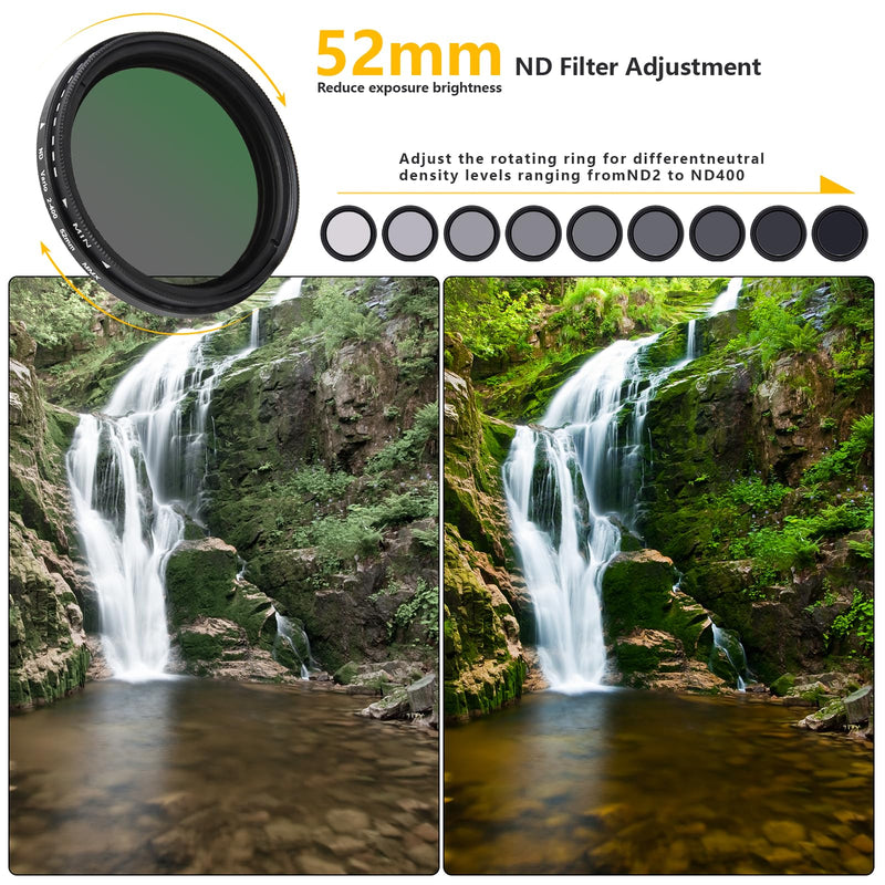 [AUSTRALIA] - 52MM Variable ND2-ND400 Filter, Ultra Slim Multi-Coated Adjustable Neutral Density Filter, Clip-on Phone Lens ND Filter Kit, Compatible for iPhone 15 14 13 12 11, Google Pixel and Other Smart Phones 