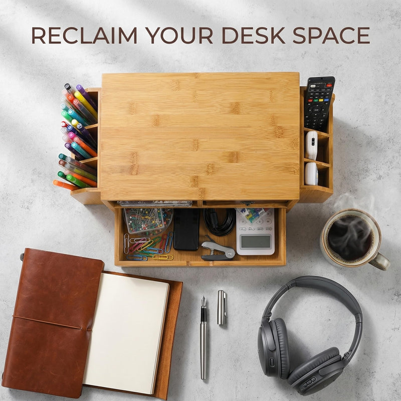 Hiceeden 2 Tier Bamboo Desktop Organizer, Desk Monitor Stand Riser with 1 Drawer and 2 Pen Holder, 2 Compartment Computer Desk Storage Organizer for Laptop, Printer