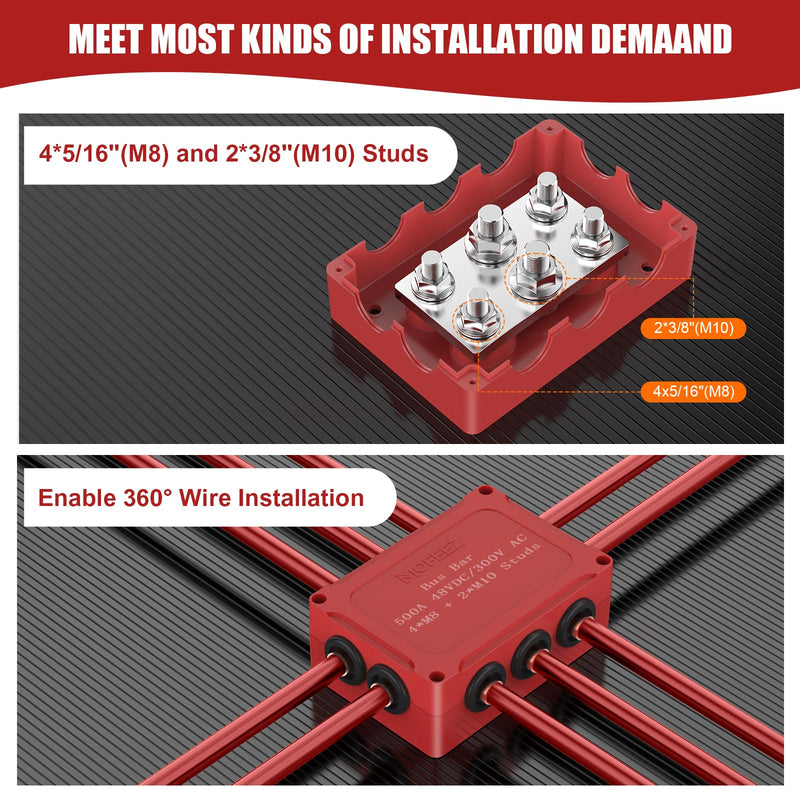 Mofeez Power Distribution Block Heavy Duty 500A Waterproof Bus Bar with 2X 3/8"(M10) + 4X 5/16"(M8) Studs, 48V DC Automotive Marine Battery Terminal Distribution Block with Cover