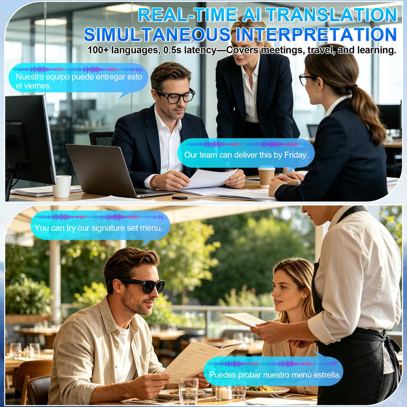 AI Smart Glasses with Camera, 4K Video Recording & Photo Capture Sunglasses | Real-Time Translation, Open-Ear Bluetooth Audio, AI Voice Assistant, Object Recognition, Replaceable Lenses for Men & Women