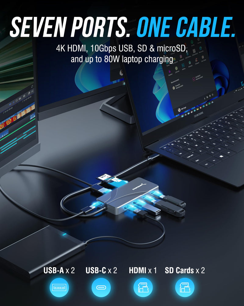 SABRENT OMNIPORT 7S USB-C Hub 7-in-1, 4K HDMI, 100W PD (HB-TG7S) | SD/microSD reader; 3x 10Gbps USB-A & USB-C; 4K@60Hz HDMI; 100W PD; MacBook, iPad, Steam Deck