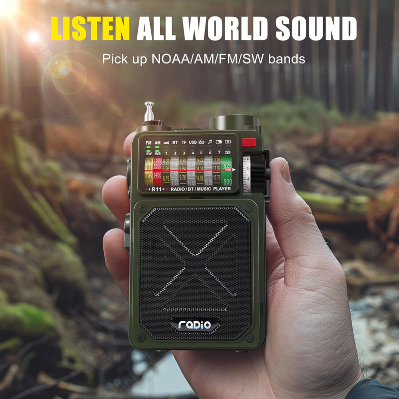 Emergency Crank Radio- Emgykit 4000mAh/14800mWh AM/FM/WB/SW/NOAA Weather Radio with Bluetooth,Flashlight,SOS Alarm, Powered by USB Charged,Hand Crank & Solar Power for Camping, Emergency Green