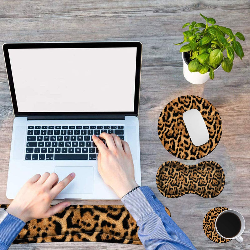 Ergonomic Keyboard Wrist Rests Gel Memory Foam Mouse Pad with Round Mousepad + Coasters, Wrist Support Set with Non Slip Base for Gaming Office Laptop Easy Typing & Pain Relief, Leopard Print