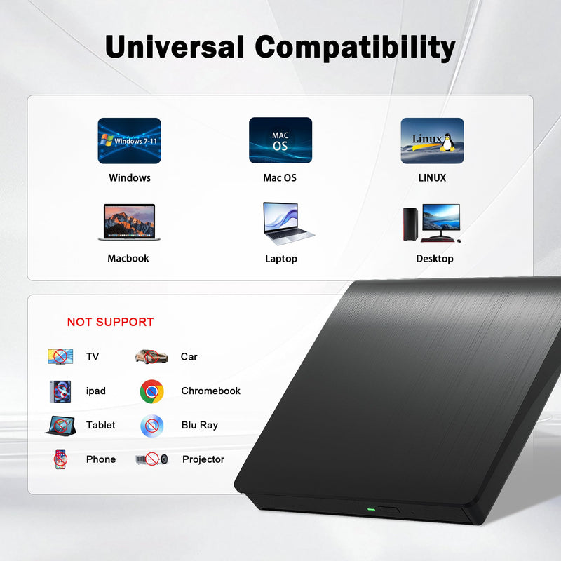 External CD/DVD Drive for Laptop PC CD DVD Player USB 3.0 Portable Optical Drive CD Burner Compatible with Windows 10 11 Linux Mac OS (Black) Black