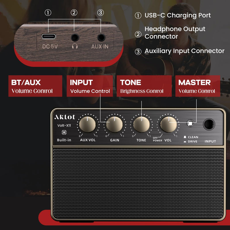 [AUSTRALIA] - AKLOT Guitar Amp Portable Rechargeable: 10W Mini Electric Guitar Amplifier with Clean/Drive Channels, Wireless Audio, USB-C, 6H Battery, Headphone Out and AUX in, Ideal for Practice or Travel (Black) Black 
