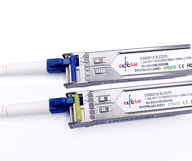 Elfcam® - Pack of 2 SFP Module 1.25G LC/UPC Single Mode Fiber Optic Cable Connector, 10KM DDM, TX 1310nm / RX 1550nm and TX1550nm / RX1310nm grey