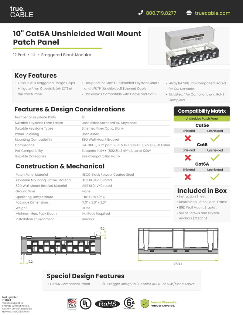 TRUE CABLE Cat6A Unshielded 12-Port Blank Toolless Modular Keystone Patch Panel, 3-D Staggered Design, Wall Mount with 89D Bracket & Mounting Hardware, High Density, Cat5e & Cat6 Compatible, Black