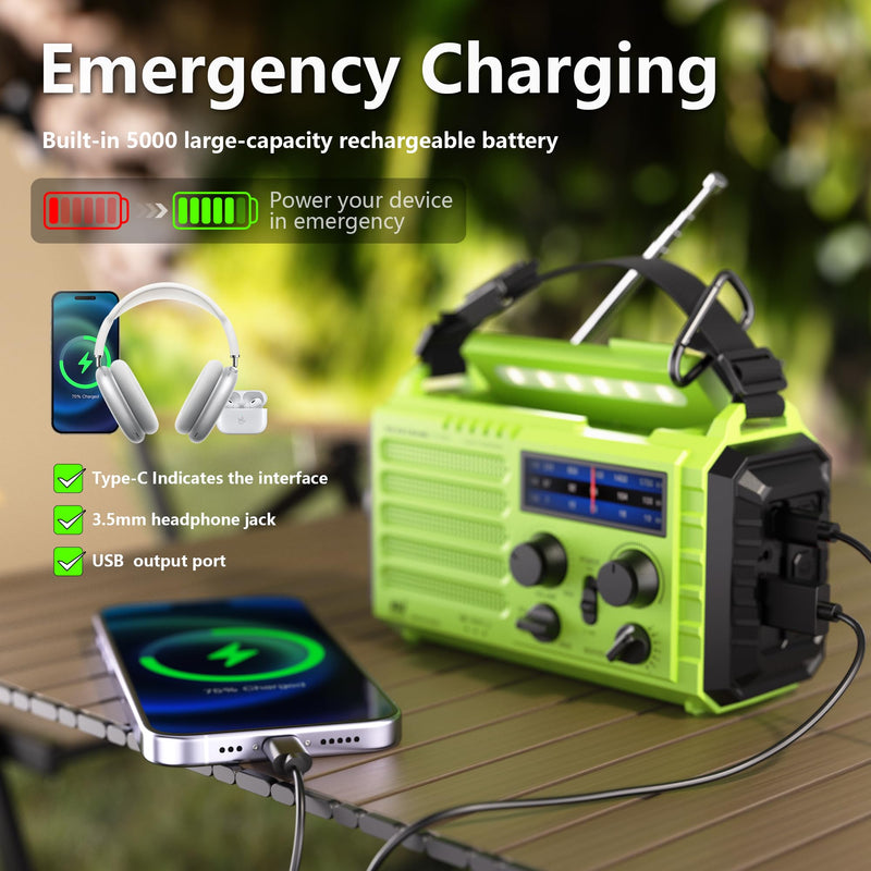 [AUSTRALIA] - Mesqool Emergency Radio 5 Way Powered, 5000 Survival Radio Solar Hand Crank Portable NOAA/AM/FM/SW Weather Radio Battery Backup, Wind up Radio with Cell Phone Charger, Flashlight, SOS green 