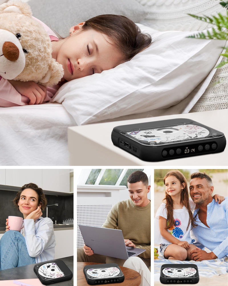 [AUSTRALIA] - ENVYCLOUD CD Player Portable with Dual Stereo Speakers, Rechargeable Portable Player with Bluetooth for Home with Headphones, Support CD/AUX/USB,Black Black 