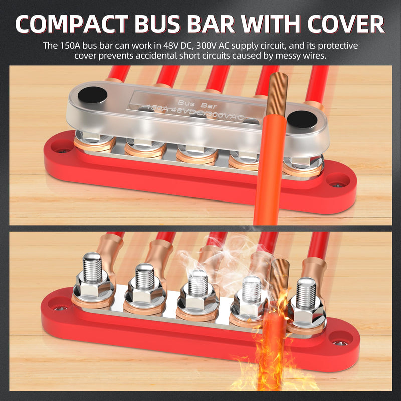 DaierTek Power Distribution Block with Cover Mini 5 x 1/4" Studs Bus Bar Terminal Block Max 150A 48V DC 300V AC Positive & Negative for Automotive Car Marine (Pack of 2) 5M6+0S (Pack of 2)