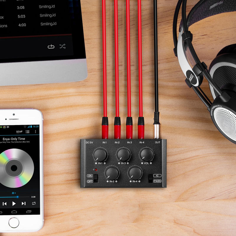 DoukAudio MC5-BX Mini Audio Mixer: 4-Channel Ultra Low-Noise Stereo Line Mixer for Home Studio Bar, Active & Passive Modes, Portable Metal Design for Musicians DJs