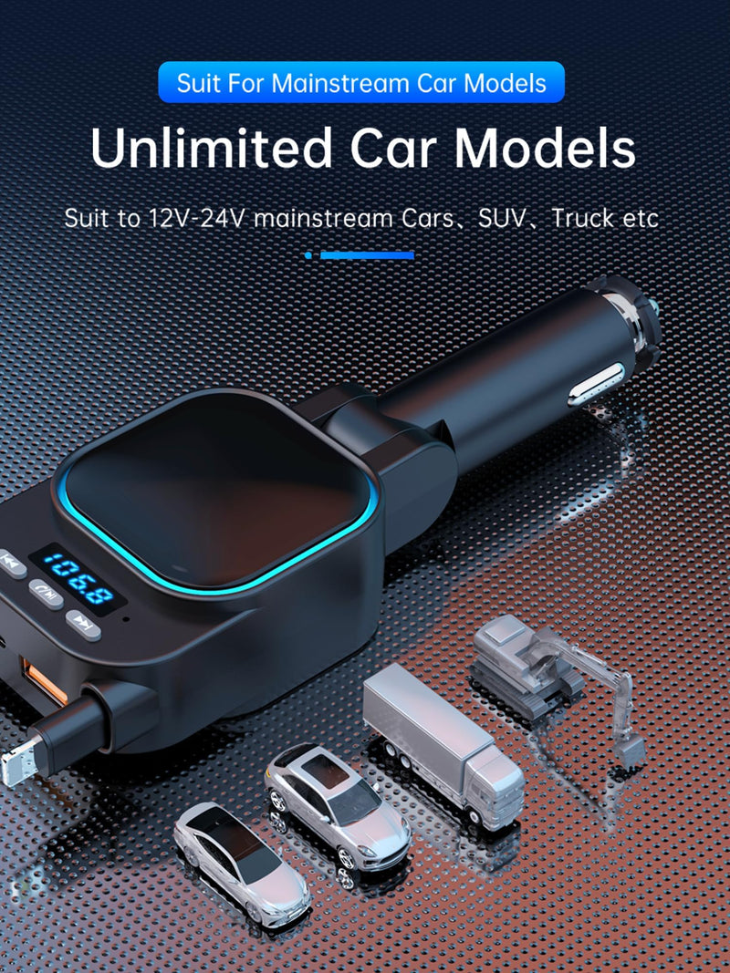 Retractable 96W Car Charger with Bluetooth 5.3 FM Transmitter for High Sound Quality, Easy Setup, 4-in-1 Fast Charging, Handsfree Calling, USB-C Adapter for iPhone 11-17