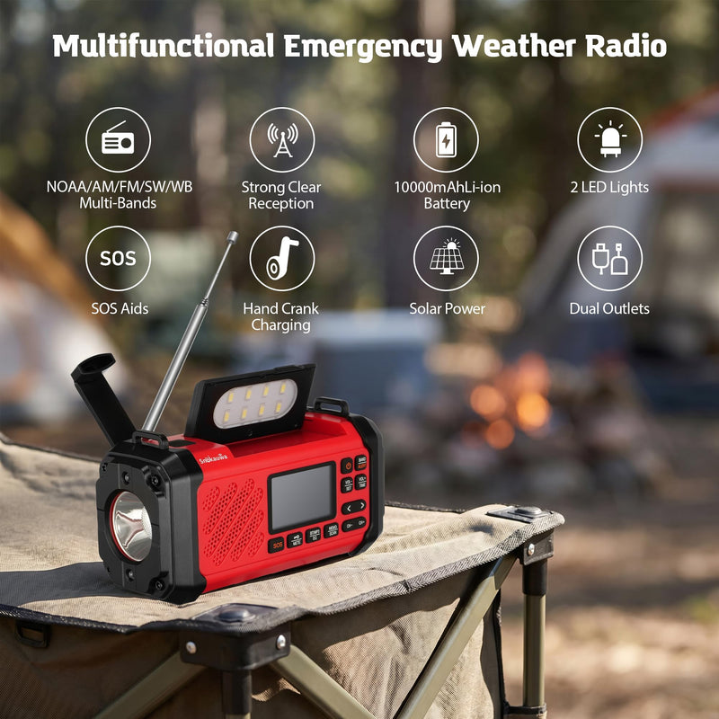 NOAA Emergency Weather Radio,10000mWh Weather Alert Radio, Hand Crank Radio with LED Flashlight,AM/FM,USB/Solar/Hand Crank Charging,SOS Alarm for Indoor/Outdoor Emergency
