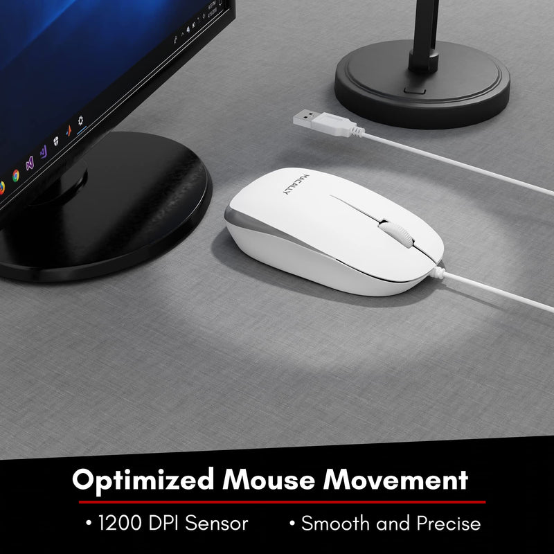 Macally USB Wired Mouse for Mac and Windows - Simple 3 Button Computer Mouse Wired, Scroll Wheel Layout with 5ft Cord - Simple Plug and Play USB Mouse for Laptop, Desktop, Notebook - White