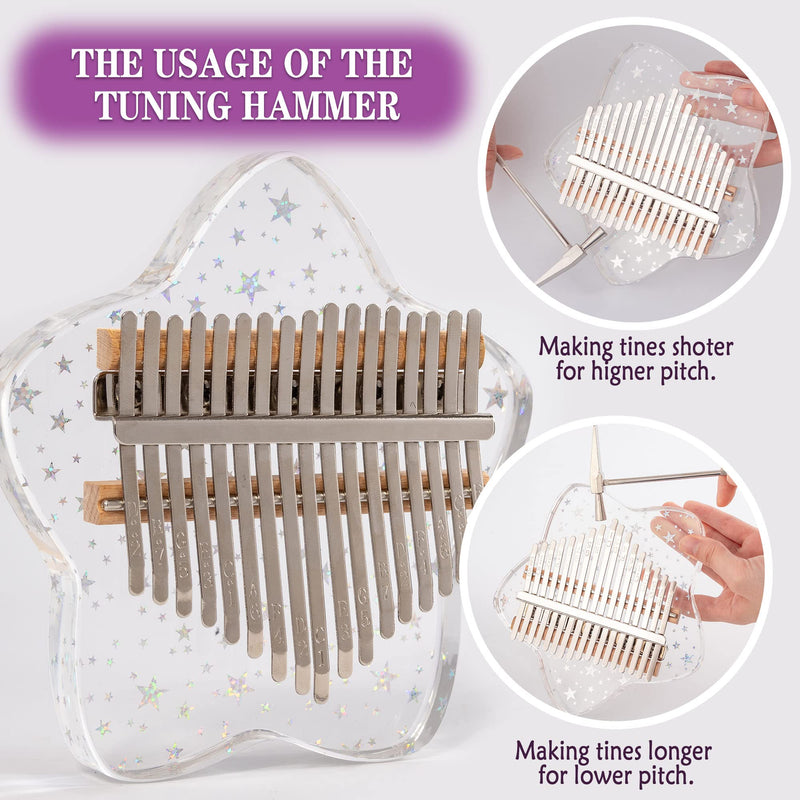 [AUSTRALIA] - Cute Kalimba Thumb Piano 17 Keys-Star Crystal Acrylic Finger Piano-Portable Mbira Musical Instruments Cute Christmas Gift with Tune Hammer and Study Instruction for Adults Beginners Star 