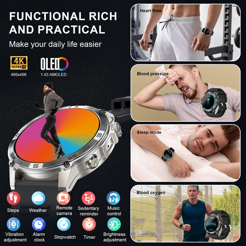 Military Smartwatch for Men, GPS Smart Watches Bluetooth Calls, 1.43" AMOLED Fitness Tracker with 530 mAh Large Battery/3ATM Waterproof/Compass/Air Pressure/Altitude for Android iOS Black