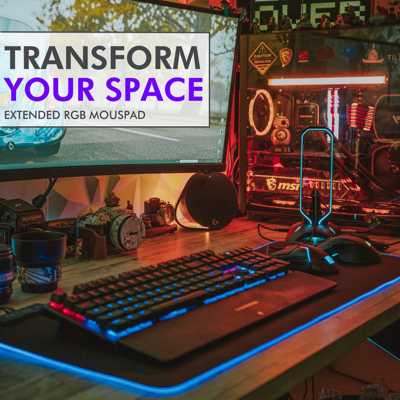 Tilted Nation RGB Gaming Mouse Pad Large - LED Extended Mousepad Desk Mat with 8 Adjustable Light Modes - Computer Mouse and Keyboard Pad - Non Slip Rubber Base, Easy to Clean Water Proof Surface Black with RGB Lighting