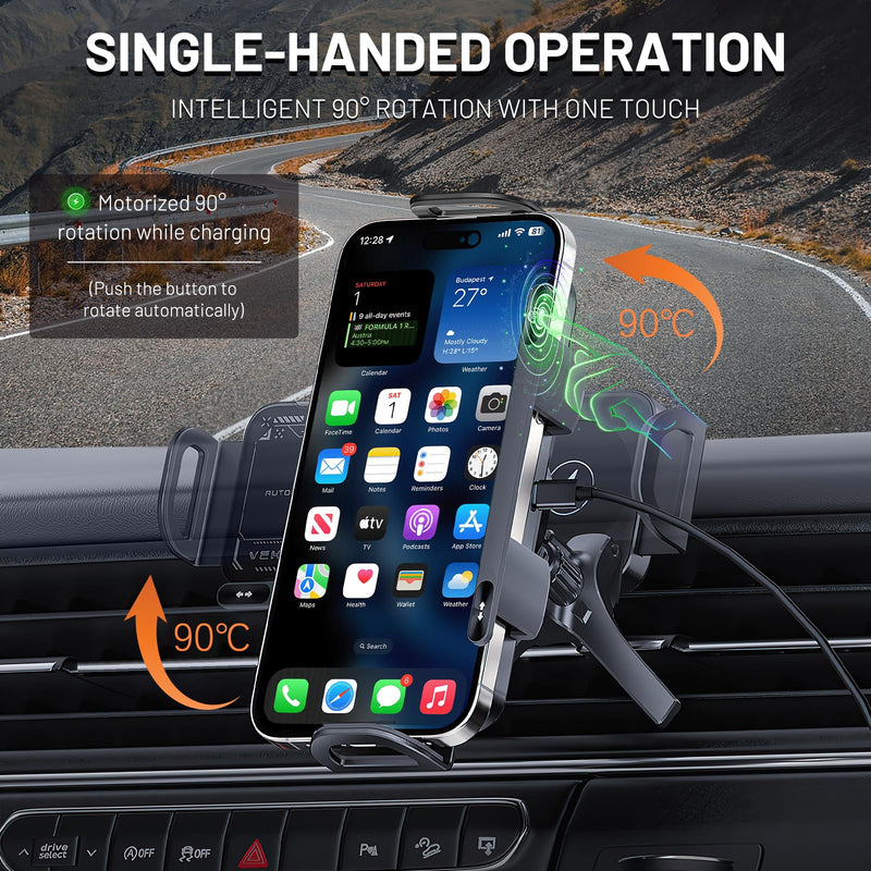 High Intelligent Mobile Phone/Pad Holder, 2 in 1 Auto Rotating Phone Holder, Car Charger Fast Charging, One-Touch Rotatable Car Vent Mount for Smartphone/Pads, Including Foldable Phones (Black)
