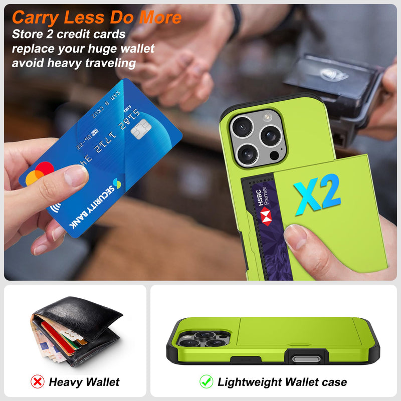 Pilaru for iPhone 16 Pro Max Case with Card Holder【2 Pcs HD Screen Protector】Slim Heavy Duty Dual Layer Shockproof Design【Hidden Card Slot 】Wallet Cases for iohone 16 Pro Max Case 6.9 inch-Neon Green for iPhone 16 Pro Max Case 6.9" (3 Lens) Neon Green