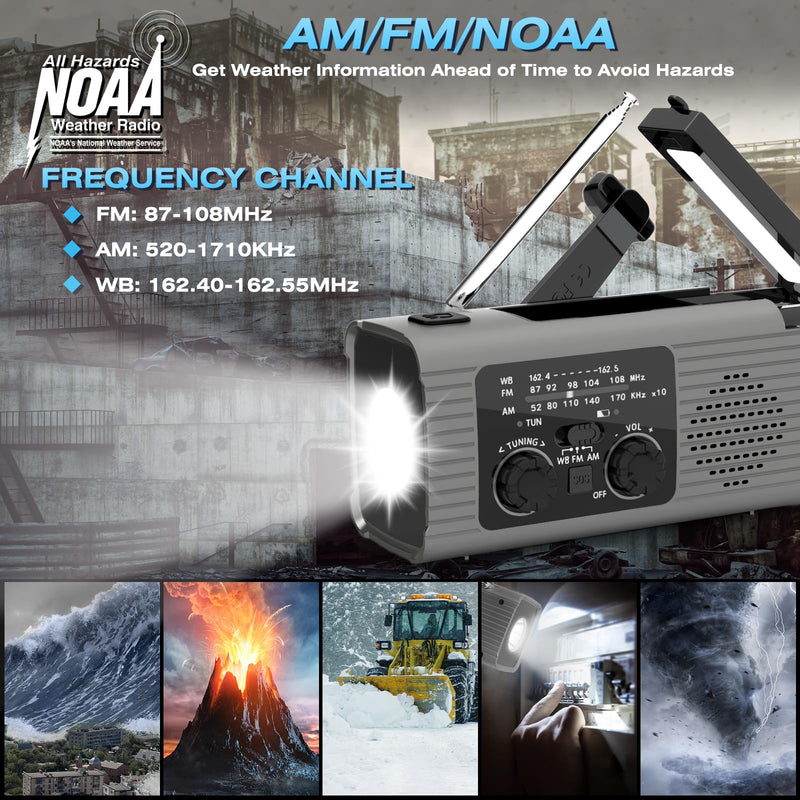 Emergency Radio 4000mAh Solar Hand Crank AM/FM/NOAA Portable Weather Radio with Phone Charger, LED Flashlight, Reading Lamp, SOS Alarm, Headphone Jack for Indoor Outdoor Emergency, USB Charged Gray