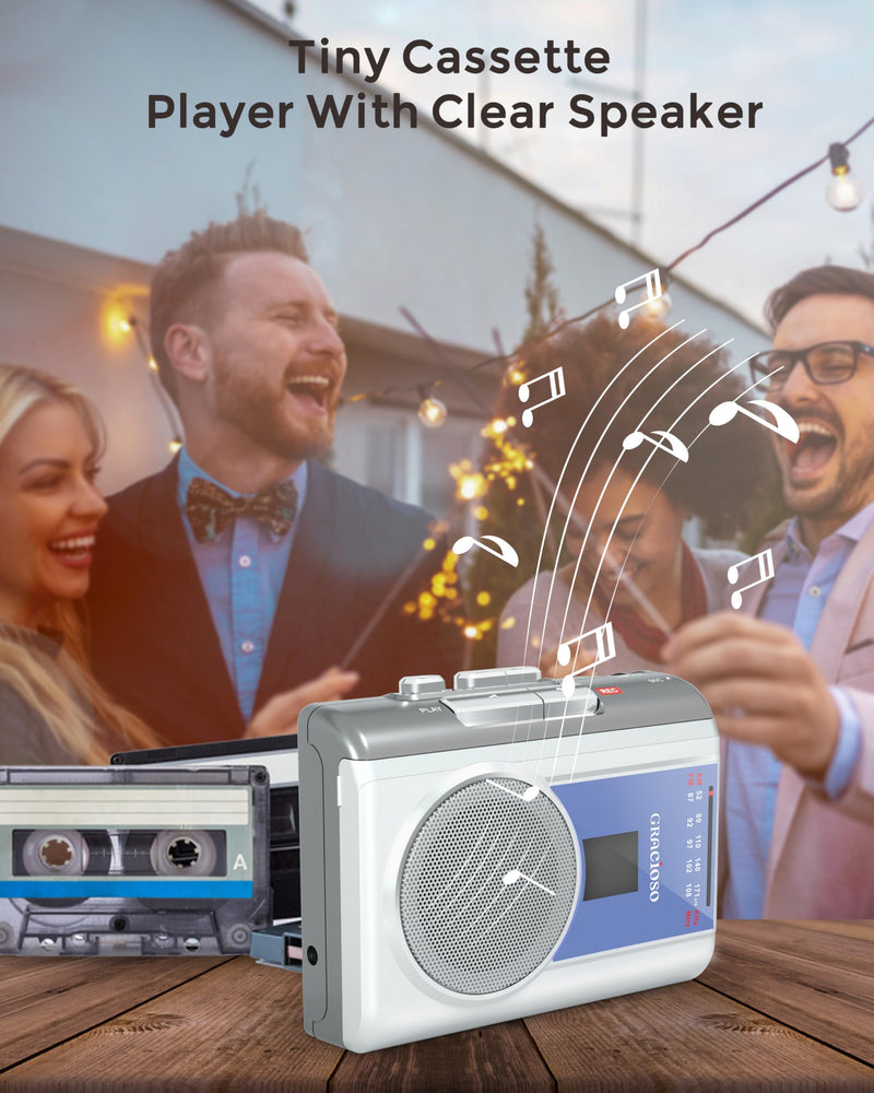 [AUSTRALIA] - Gracioso Protable Cassette Recorder Player: AM FM Compact Cassette Tape Player with Big Speaker & Earphone Jack, Build in Microphone,Cassette Player Powered by DC or AA Battery Sliver 